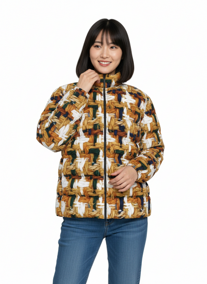 029 NISHIKIx Tweed Print Unisex Stand Collar Slim Down Jacket - Yellow Ochre
