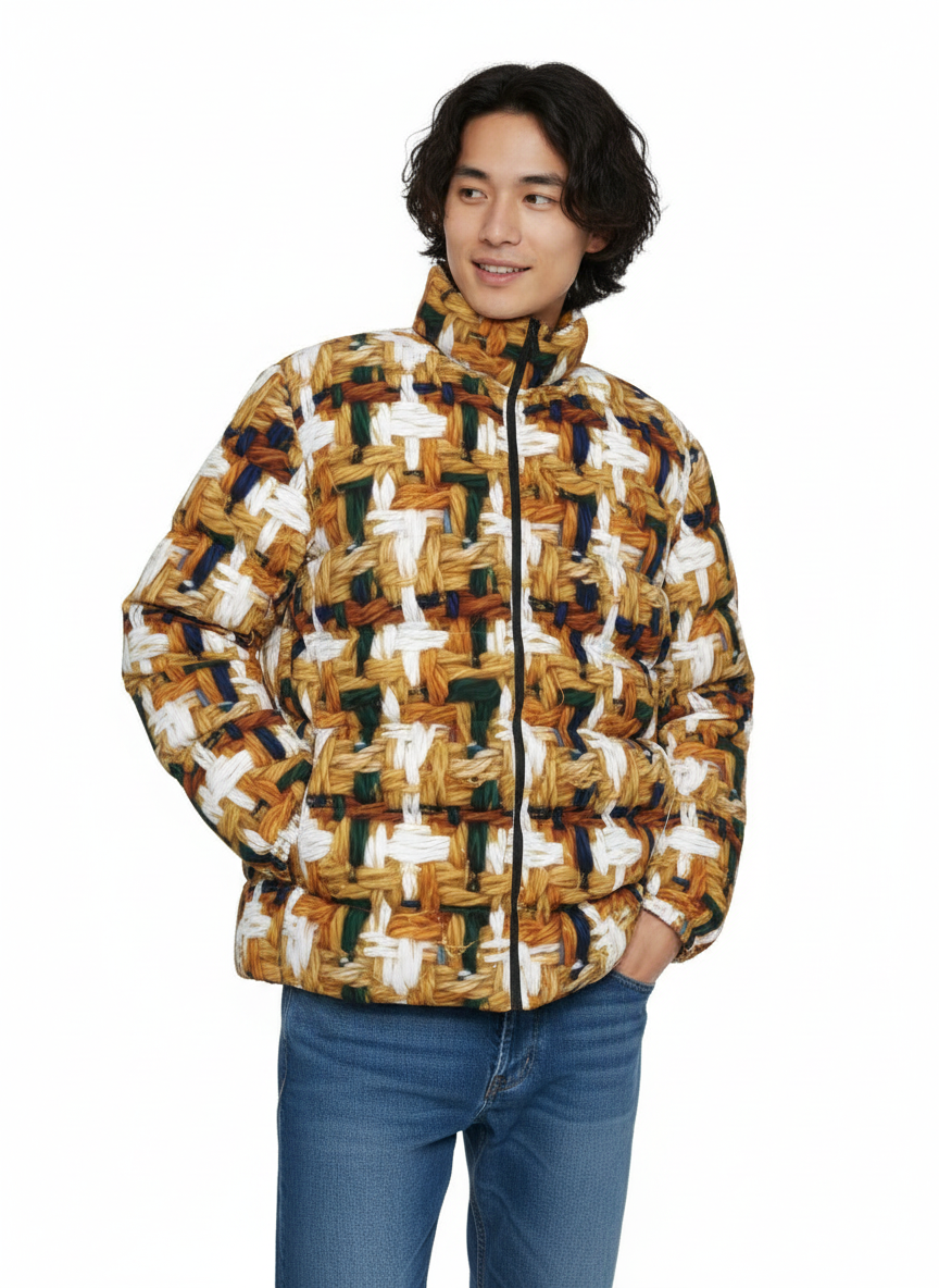 029 NISHIKIx Tweed Print Unisex Stand Collar Slim Down Jacket - Yellow Ochre