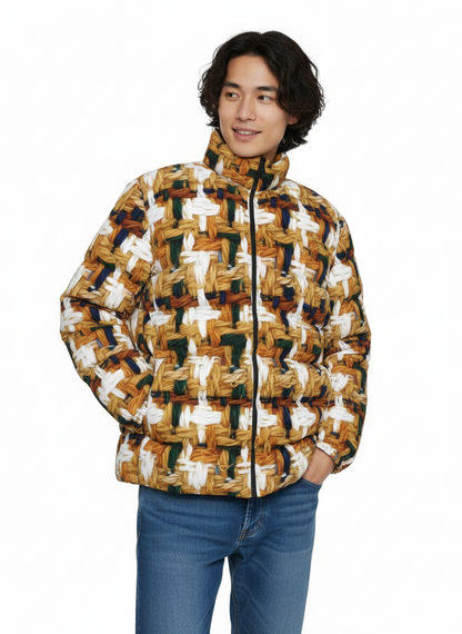 029 NISHIKIx Tweed Print Unisex Stand Collar Slim Down Jacket - Yellow Ochre