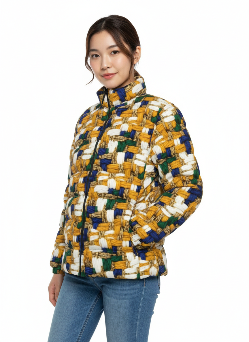 030 NISHIKIx Tweed Print Unisex Stand Collar Slim Down Jacket - Golden Ochre