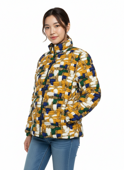 030 NISHIKIx Tweed Print Unisex Stand Collar Slim Down Jacket - Golden Ochre