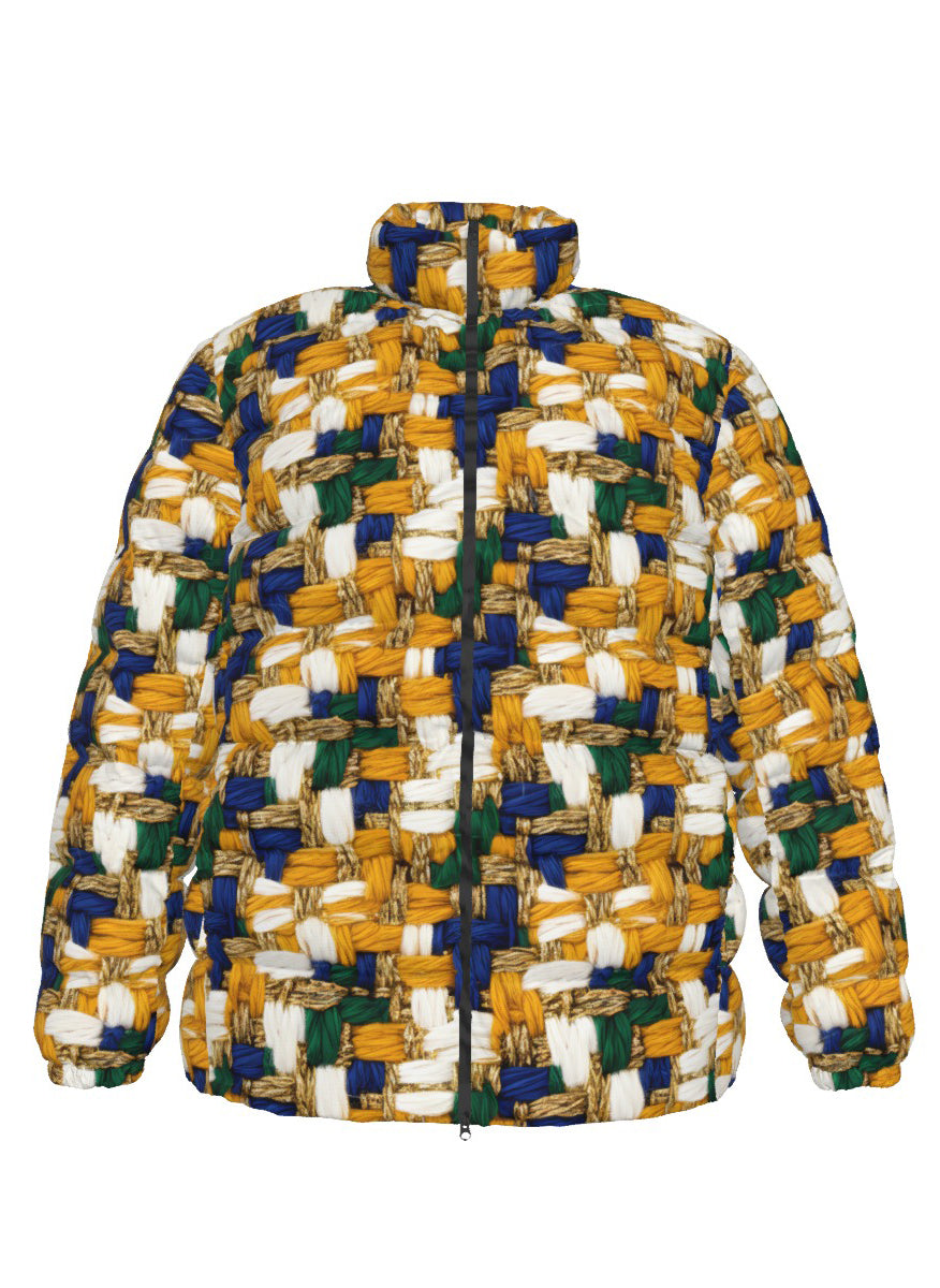 030 NISHIKIx Tweed Print Unisex Stand Collar Slim Down Jacket - Golden Ochre