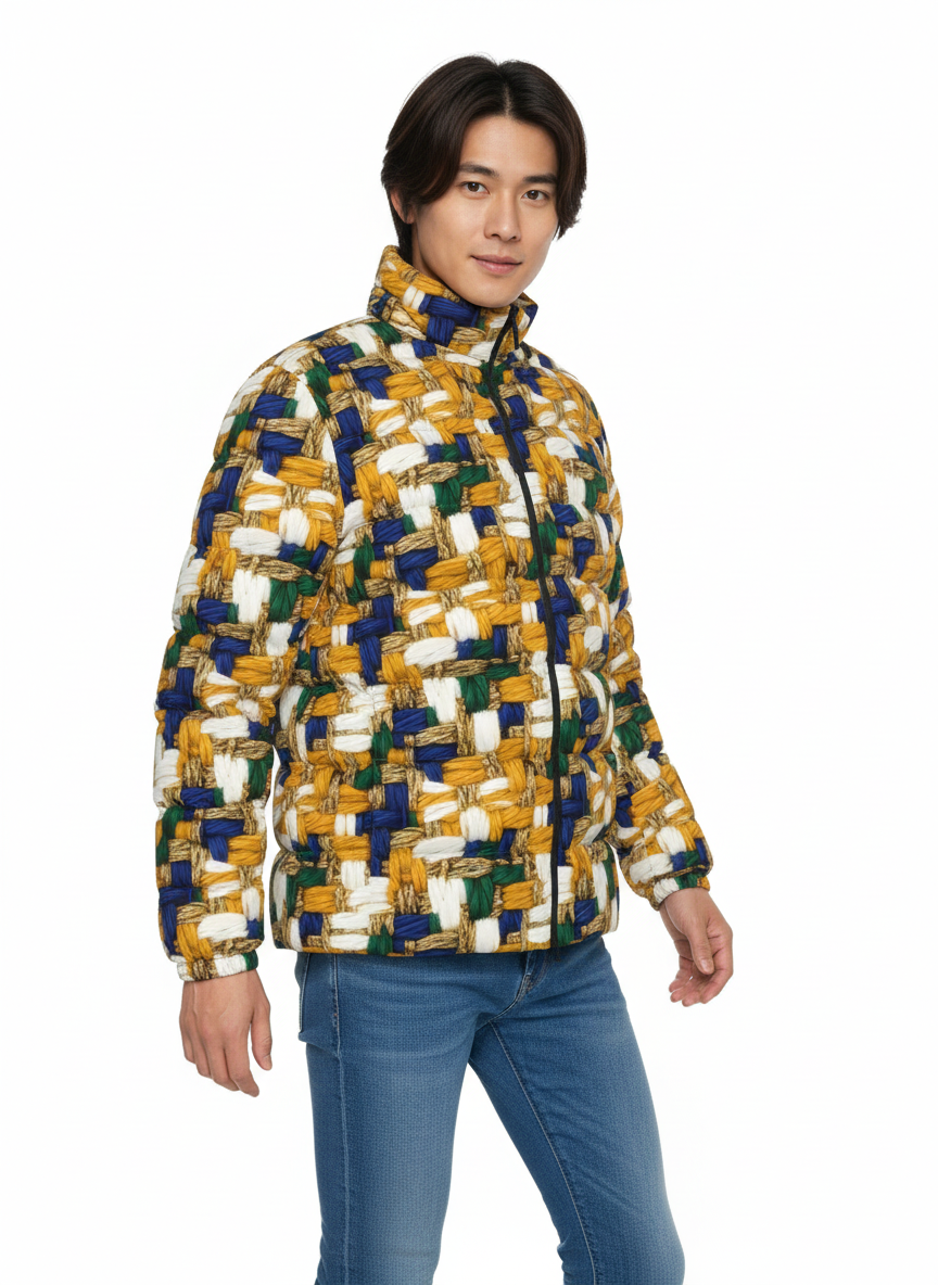 030 NISHIKIx Tweed Print Unisex Stand Collar Slim Down Jacket - Golden Ochre