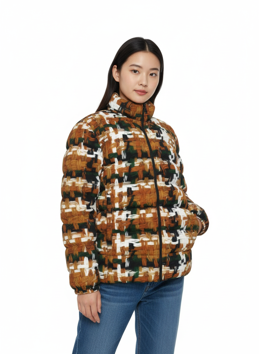 031 NISHIKIx Tweed Print Unisex Stand Collar Slim Down Jacket - Raw Sienna