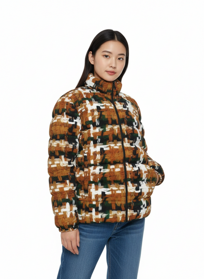 031 NISHIKIx Tweed Print Unisex Stand Collar Slim Down Jacket - Raw Sienna