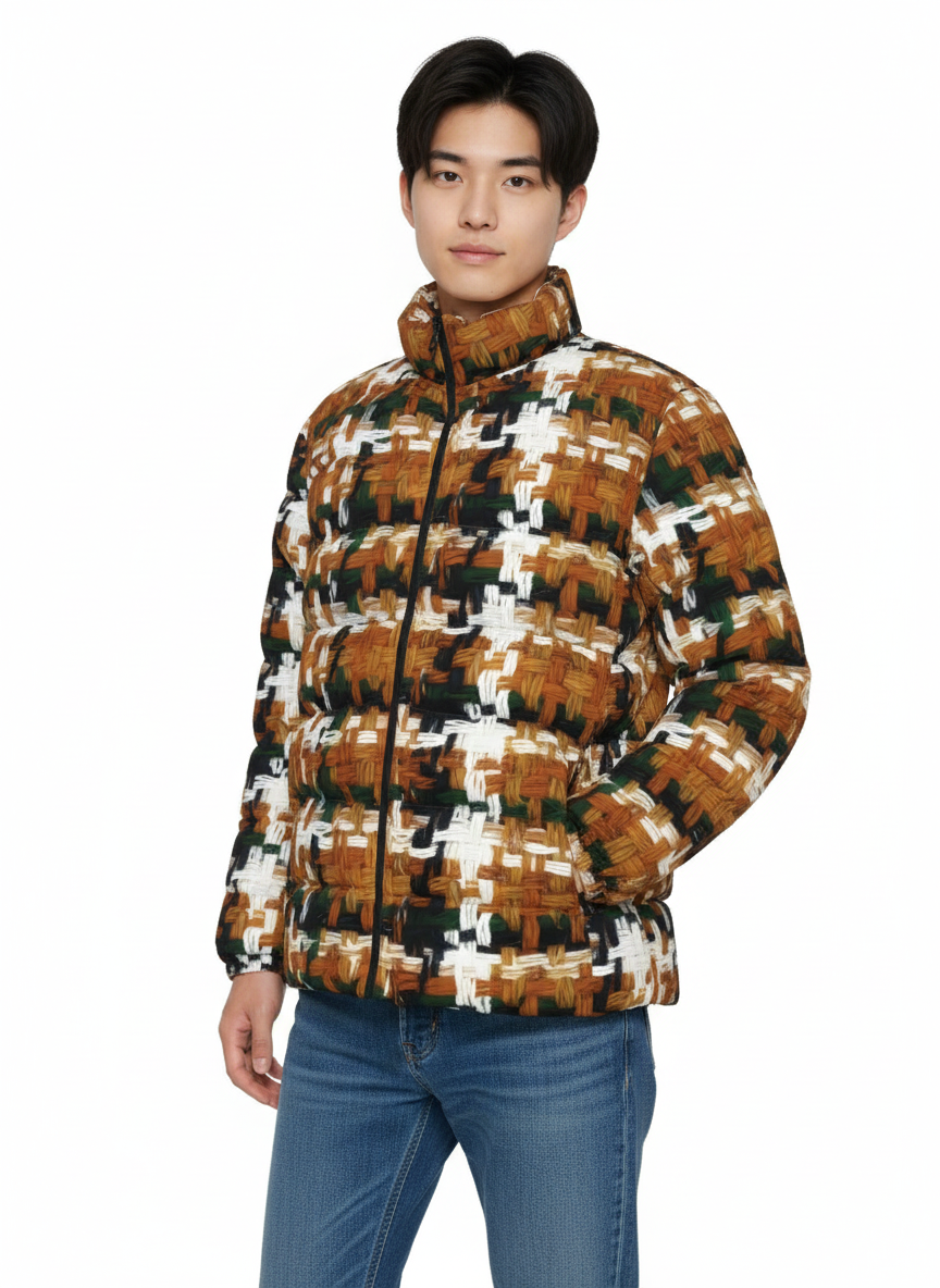 031 NISHIKIx Tweed Print Unisex Stand Collar Slim Down Jacket - Raw Sienna
