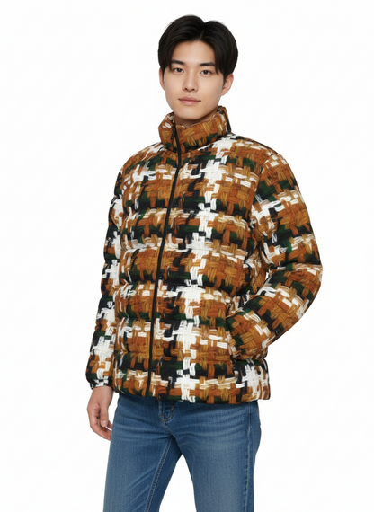 031 NISHIKIx Tweed Print Unisex Stand Collar Slim Down Jacket - Raw Sienna