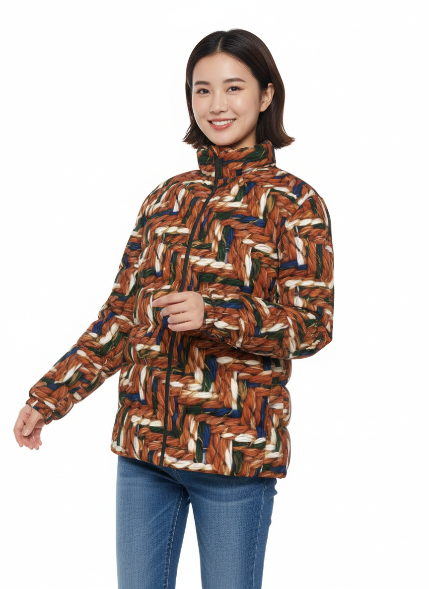 032 NISHIKIx Tweed Print Unisex Stand Collar Slim Down Jacket - Burnt Sienna