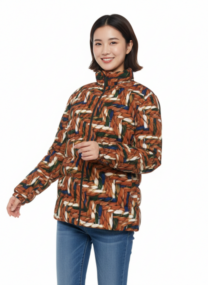032 NISHIKIx Tweed Print Unisex Stand Collar Slim Down Jacket - Burnt Sienna
