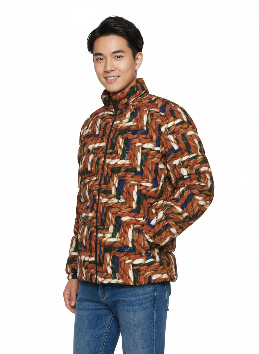 032 NISHIKIx Tweed Print Unisex Stand Collar Slim Down Jacket - Burnt Sienna