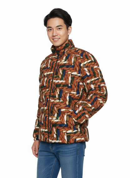 032 NISHIKIx Tweed Print Unisex Stand Collar Slim Down Jacket - Burnt Sienna