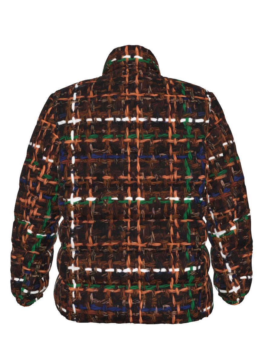 033 NISHIKIx Tweed Print Unisex Stand Collar Slim Down Jacket - Burnt Umber