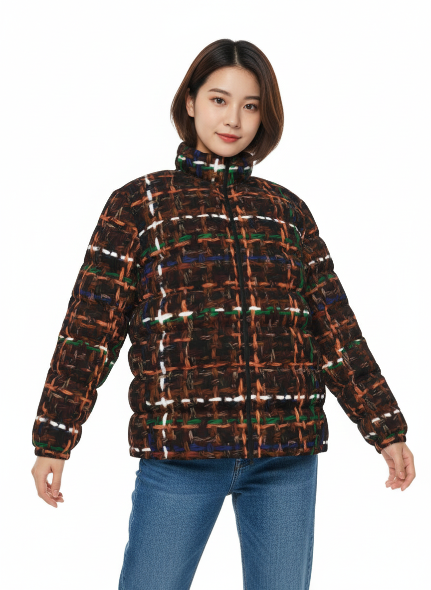 033 NISHIKIx Tweed Print Unisex Stand Collar Slim Down Jacket - Burnt Umber