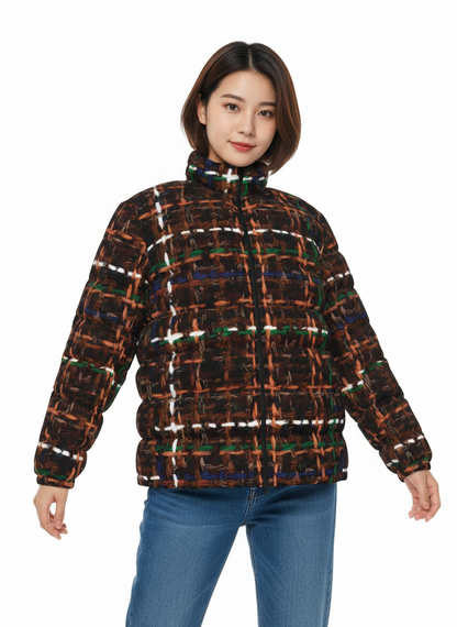 033 NISHIKIx Tweed Print Unisex Stand Collar Slim Down Jacket - Burnt Umber