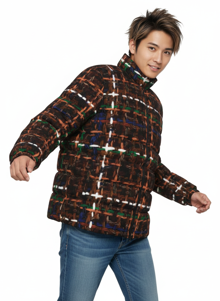 033 NISHIKIx Tweed Print Unisex Stand Collar Slim Down Jacket - Burnt Umber