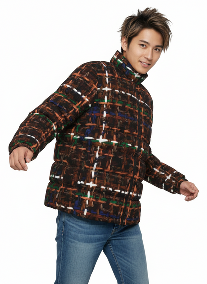 033 NISHIKIx Tweed Print Unisex Stand Collar Slim Down Jacket - Burnt Umber