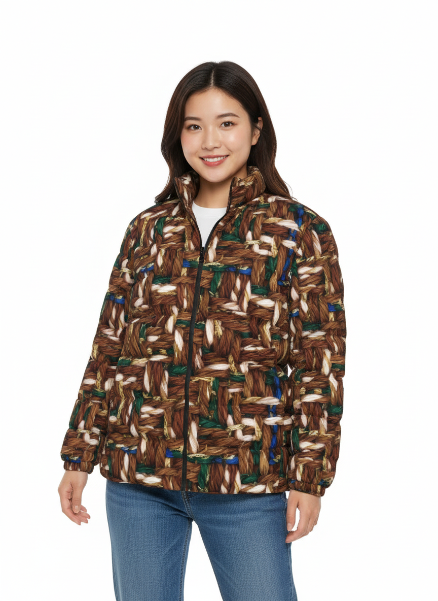 034 NISHIKIx Tweed Print Unisex Stand Collar Slim Down Jacket - Raw Umber