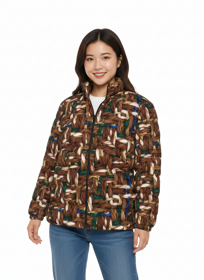 034 NISHIKIx Tweed Print Unisex Stand Collar Slim Down Jacket - Raw Umber