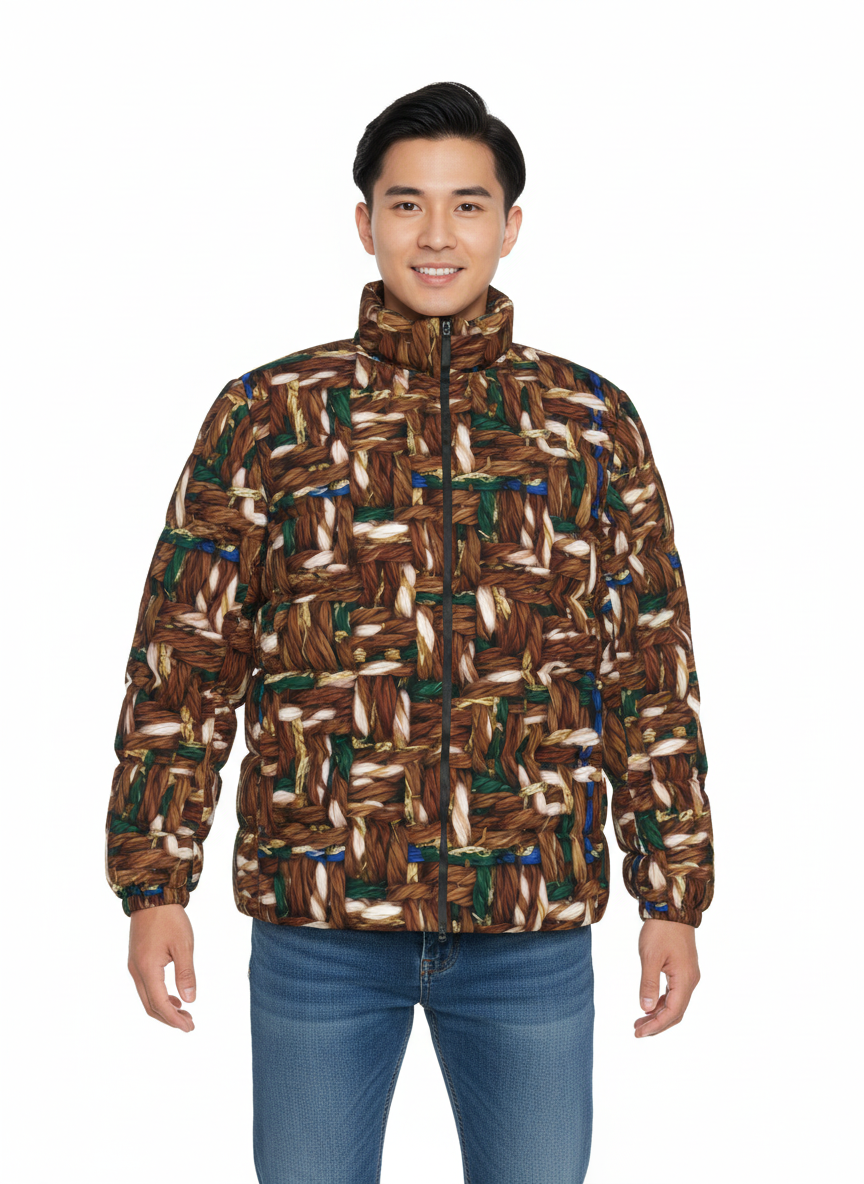 034 NISHIKIx Tweed Print Unisex Stand Collar Slim Down Jacket - Raw Umber