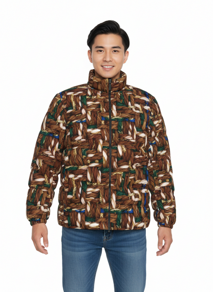 034 NISHIKIx Tweed Print Unisex Stand Collar Slim Down Jacket - Raw Umber