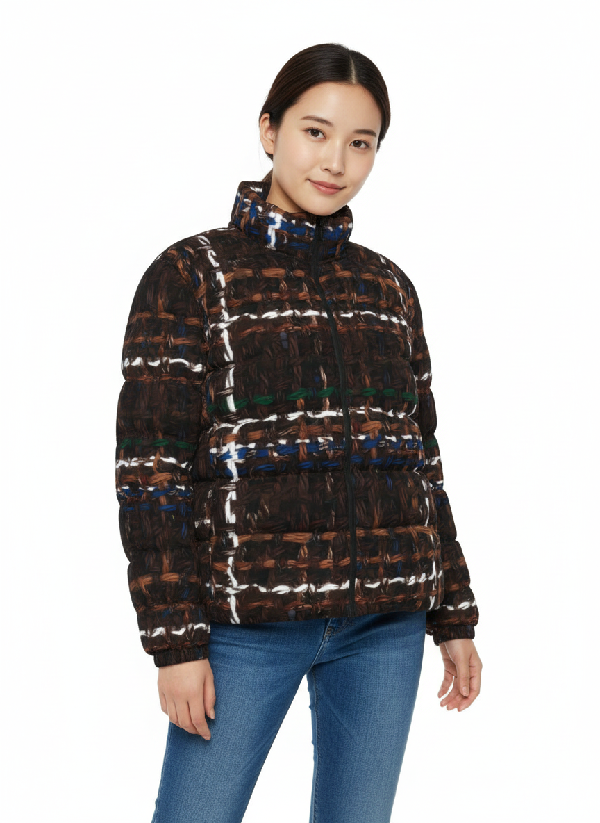 035 NISHIKIx Tweed Print Unisex Stand Collar Slim Down Jacket - Vandyke Brown