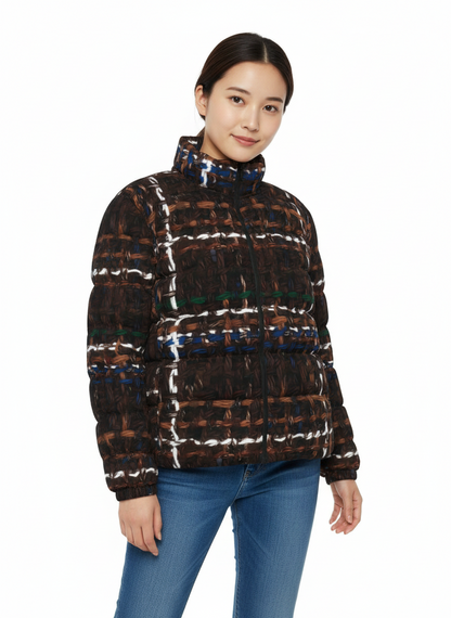 035 NISHIKIx Tweed Print Unisex Stand Collar Slim Down Jacket - Vandyke Brown