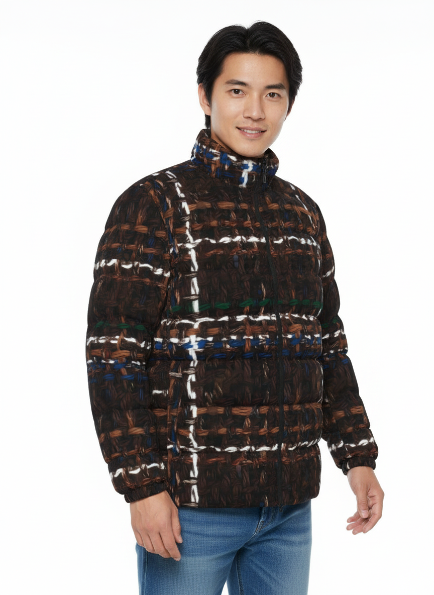 035 NISHIKIx Tweed Print Unisex Stand Collar Slim Down Jacket - Vandyke Brown