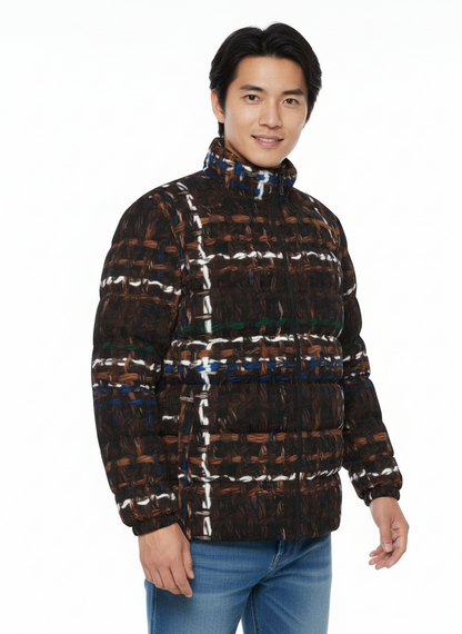 035 NISHIKIx Tweed Print Unisex Stand Collar Slim Down Jacket - Vandyke Brown