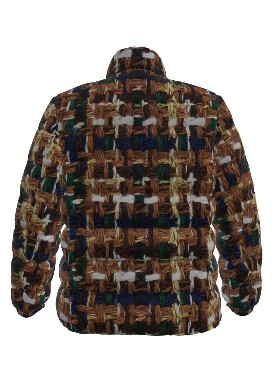 036 NISHIKIx Tweed Print Unisex Stand Collar Slim Down Jacket - Brown