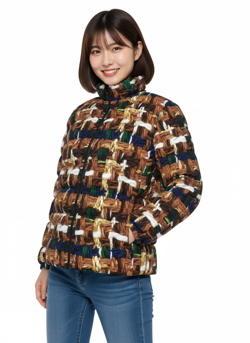 036 NISHIKIx Tweed Print Unisex Stand Collar Slim Down Jacket - Brown