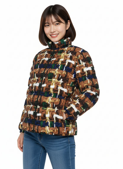 036 NISHIKIx Tweed Print Unisex Stand Collar Slim Down Jacket - Brown
