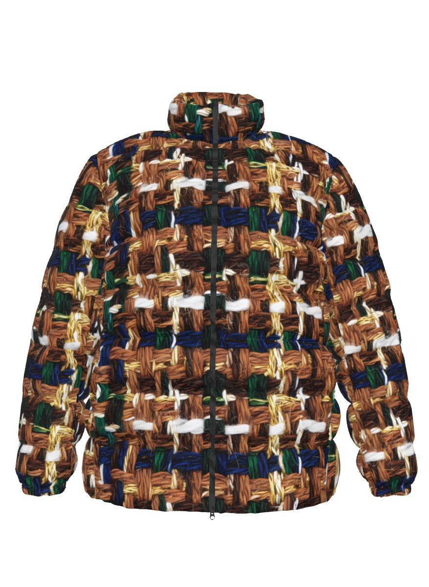 036 NISHIKIx Tweed Print Unisex Stand Collar Slim Down Jacket - Brown