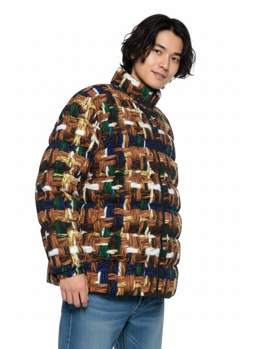 036 NISHIKIx Tweed Print Unisex Stand Collar Slim Down Jacket - Brown