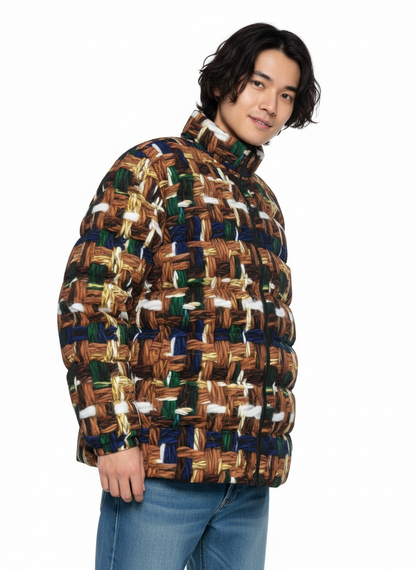 036 NISHIKIx Tweed Print Unisex Stand Collar Slim Down Jacket - Brown