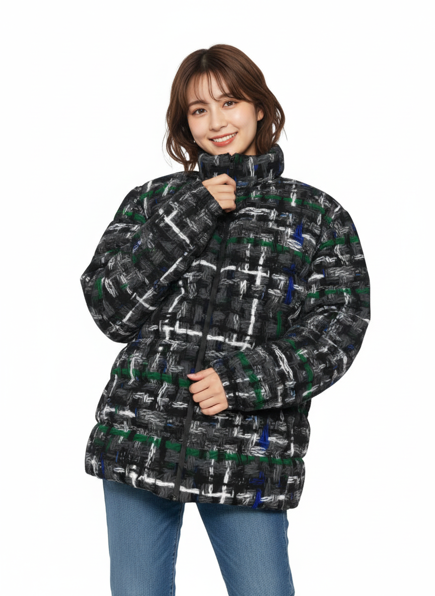 037 NISHIKIx Tweed Print Unisex Stand Collar Slim Down Jacket - Gray