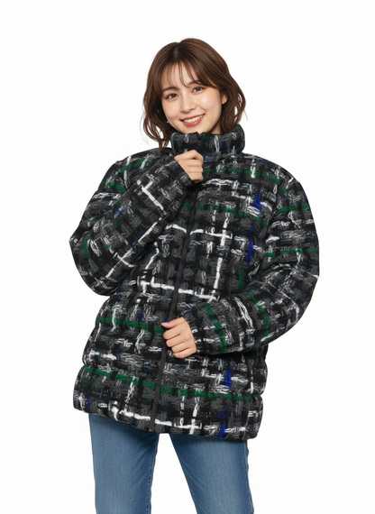 037 NISHIKIx Tweed Print Unisex Stand Collar Slim Down Jacket - Gray