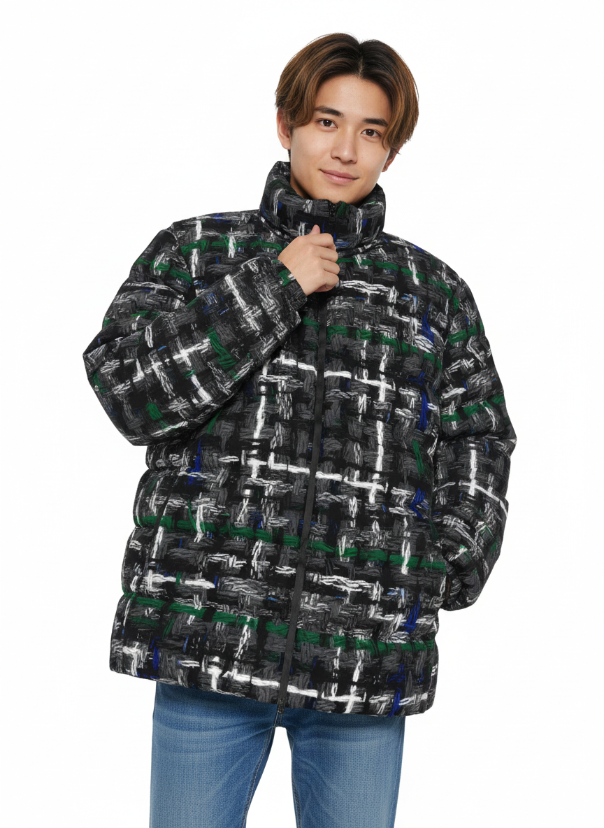 037 NISHIKIx Tweed Print Unisex Stand Collar Slim Down Jacket - Gray