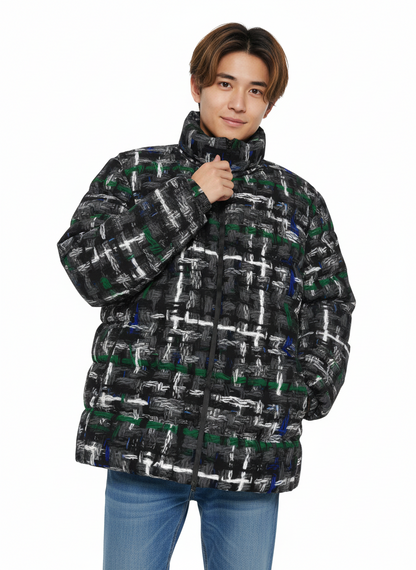 037 NISHIKIx Tweed Print Unisex Stand Collar Slim Down Jacket - Gray