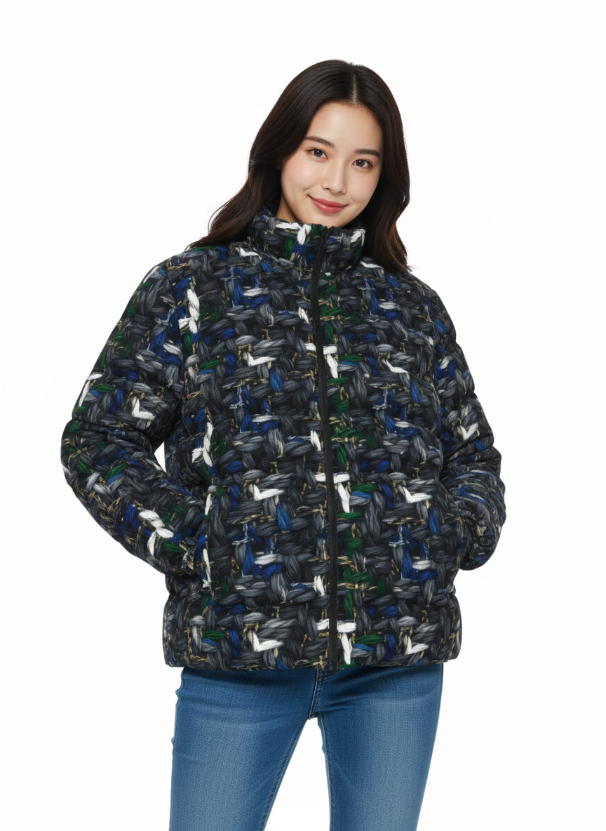 038 NISHIKIx Tweed Print Unisex Stand Collar Slim Down Jacket - Paynes Gray