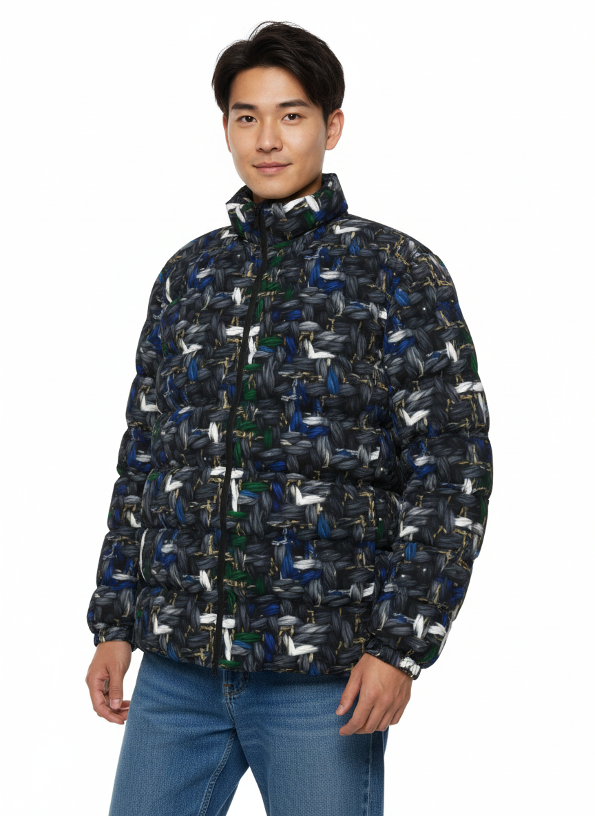 038 NISHIKIx Tweed Print Unisex Stand Collar Slim Down Jacket - Paynes Gray