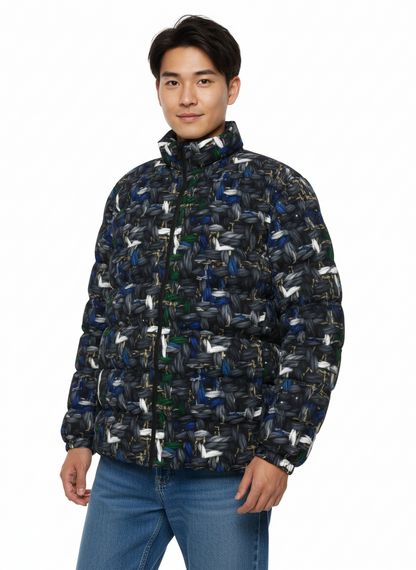 038 NISHIKIx Tweed Print Unisex Stand Collar Slim Down Jacket - Paynes Gray