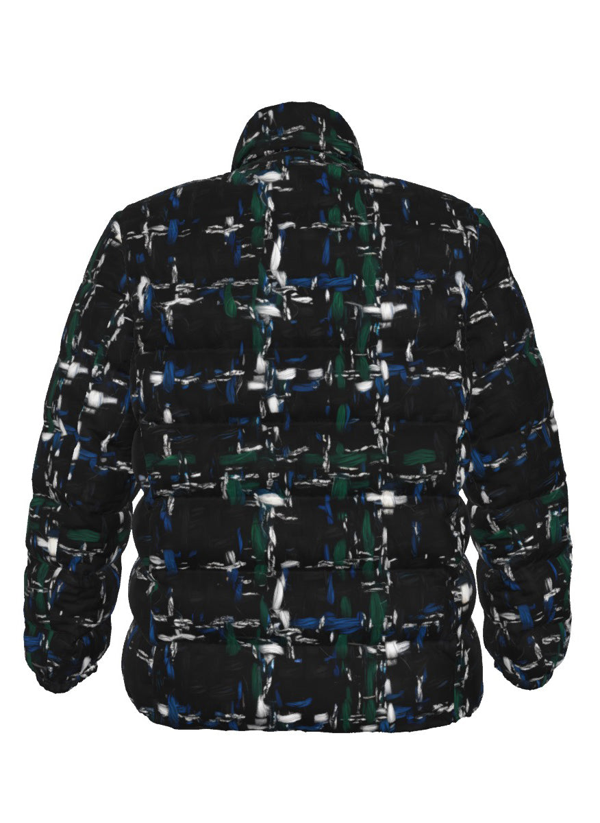 039 NISHIKIx Tweed Print Unisex Stand Collar Slim Down Jacket - Black