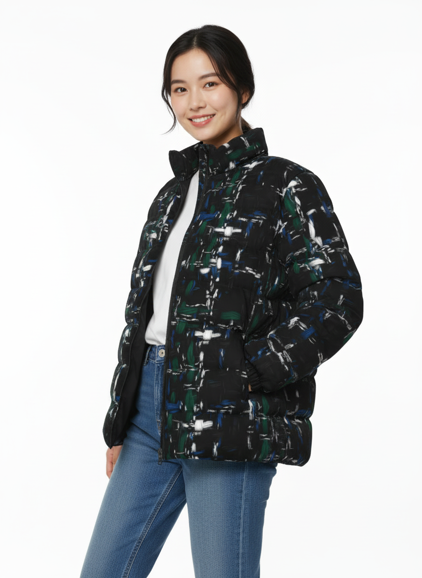 039 NISHIKIx Tweed Print Unisex Stand Collar Slim Down Jacket - Black