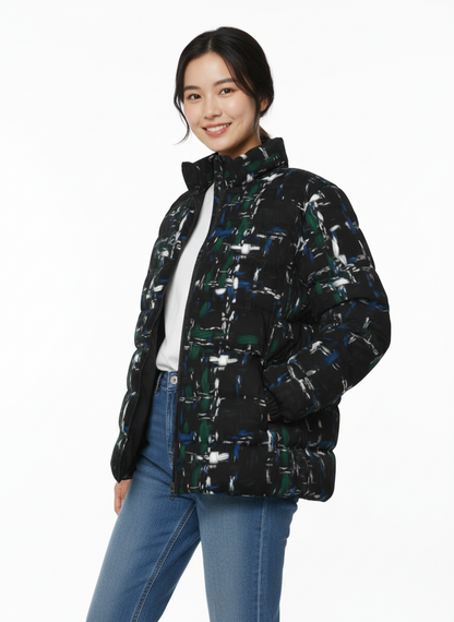 039 NISHIKIx Tweed Print Unisex Stand Collar Slim Down Jacket - Black