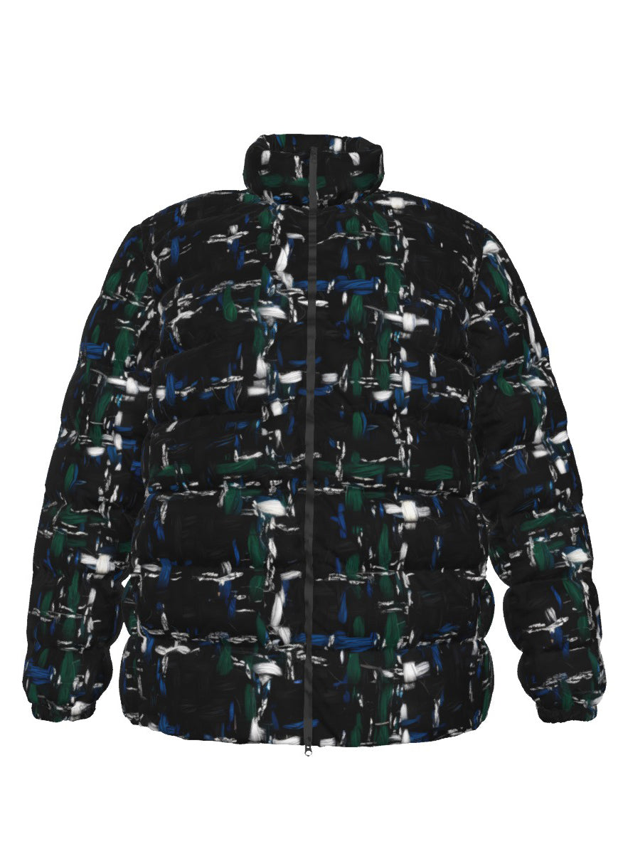 039 NISHIKIx Tweed Print Unisex Stand Collar Slim Down Jacket - Black