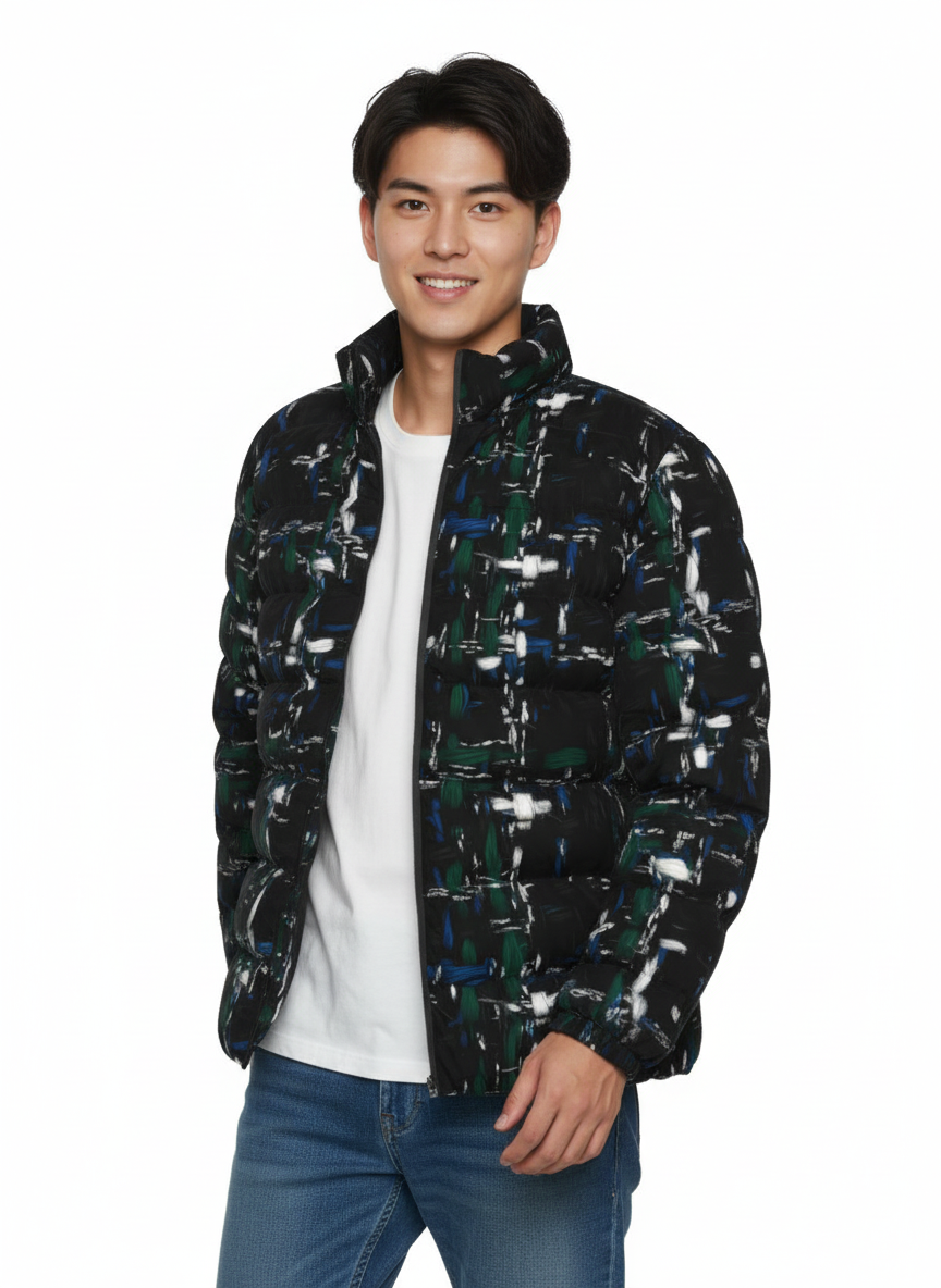 039 NISHIKIx Tweed Print Unisex Stand Collar Slim Down Jacket - Black