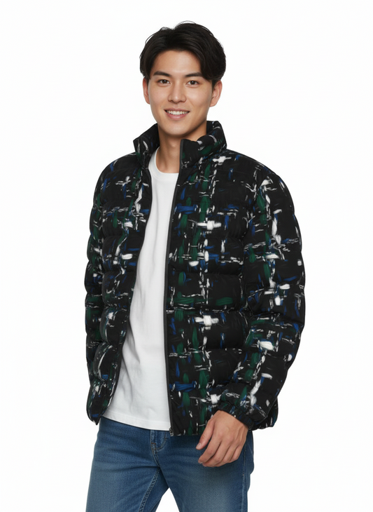 039 NISHIKIx Tweed Print Unisex Stand Collar Slim Down Jacket - Black