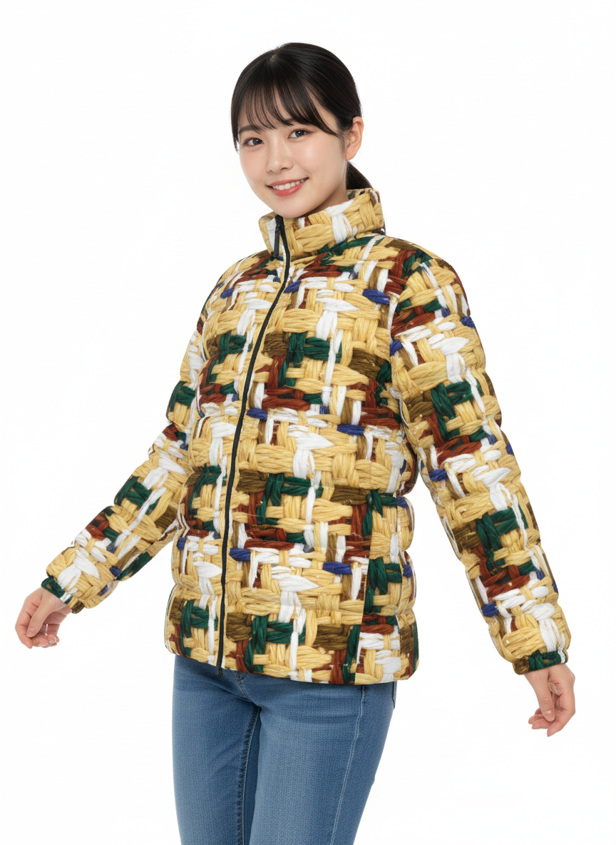 040 NISHIKIx Tweed Print Unisex Stand Collar Slim Down Jacket - Naples Yellow