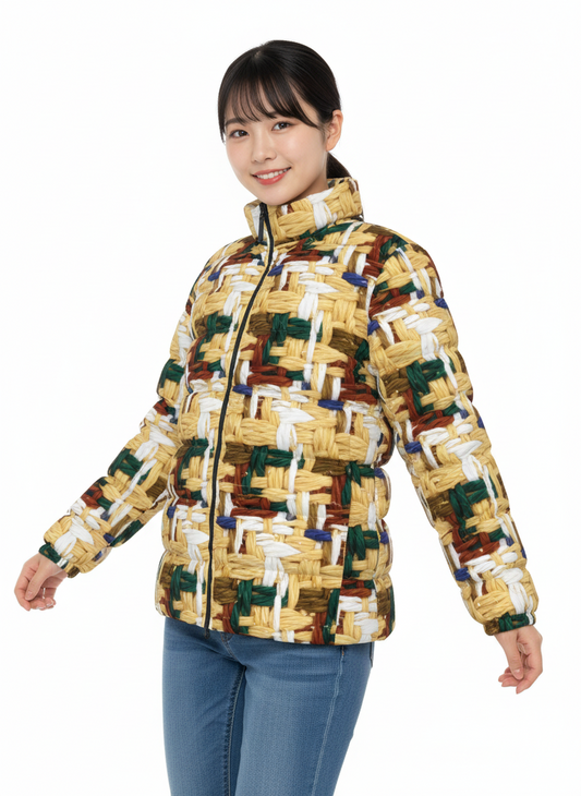 040 NISHIKIx Tweed Print Unisex Stand Collar Slim Down Jacket - Naples Yellow