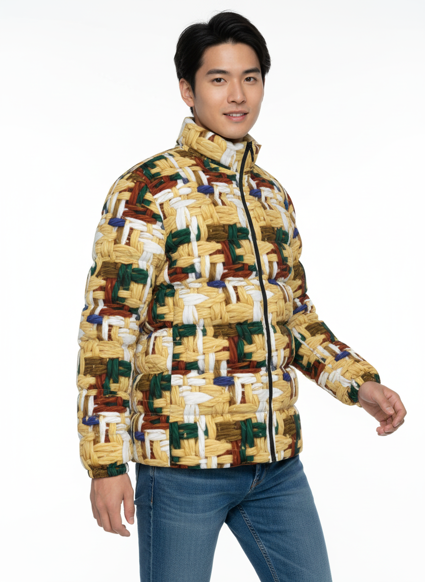 040 NISHIKIx Tweed Print Unisex Stand Collar Slim Down Jacket - Naples Yellow